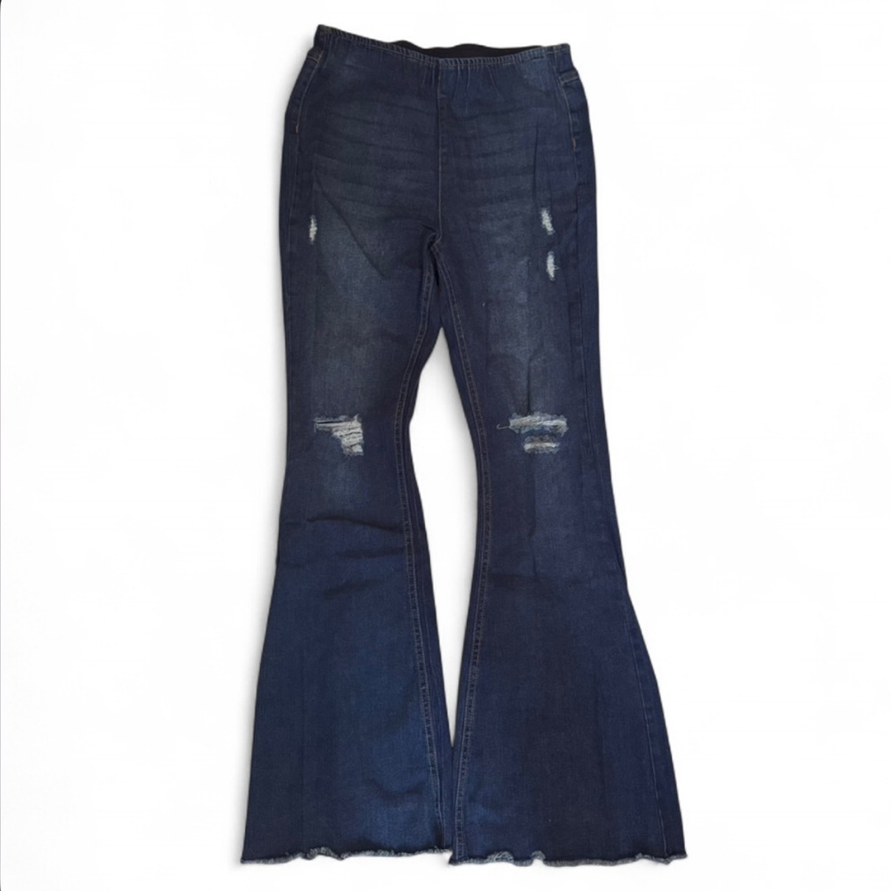 Distressed stretch waistband denim flare pants MEDIUM